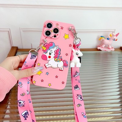 For Huawei iPhone Samsung Crossbody Strap Unicorn Case 3D Doll Holder Back Cover