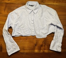 ZARA Womens Blue Button Up Long Sleeve Crop Top Shirt Sz Medium