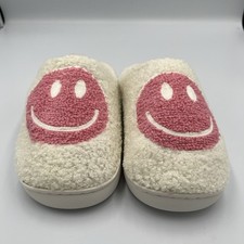 White Fuzzy Smiley Face Slip On Slippers Women s Size 9 Cozy Plush Lounge Shoes