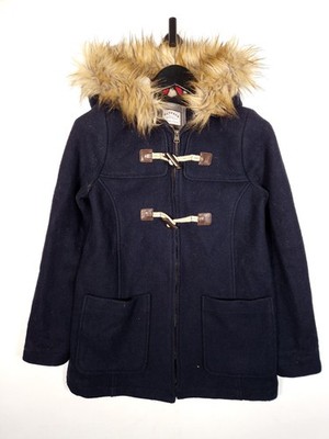 FatFace Dufflecoat Gr. UK 10 Damen Navy Wollmischung Kunstfell Kapuze Jacke