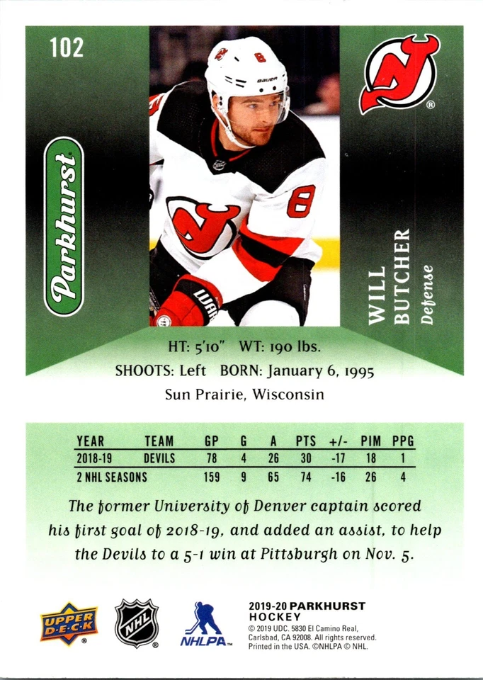 2019-20 Upper Deck Parkhurst - Will Butcher #102 - Image 2 of 2