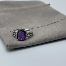 David Yurman Sterling Silver Petite Wheaton Ring Amethyst Diamonds Size 8