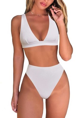 Fatty Tiger Modern Fitted High Waisted Thong Triangle Bikini Set, White Size M