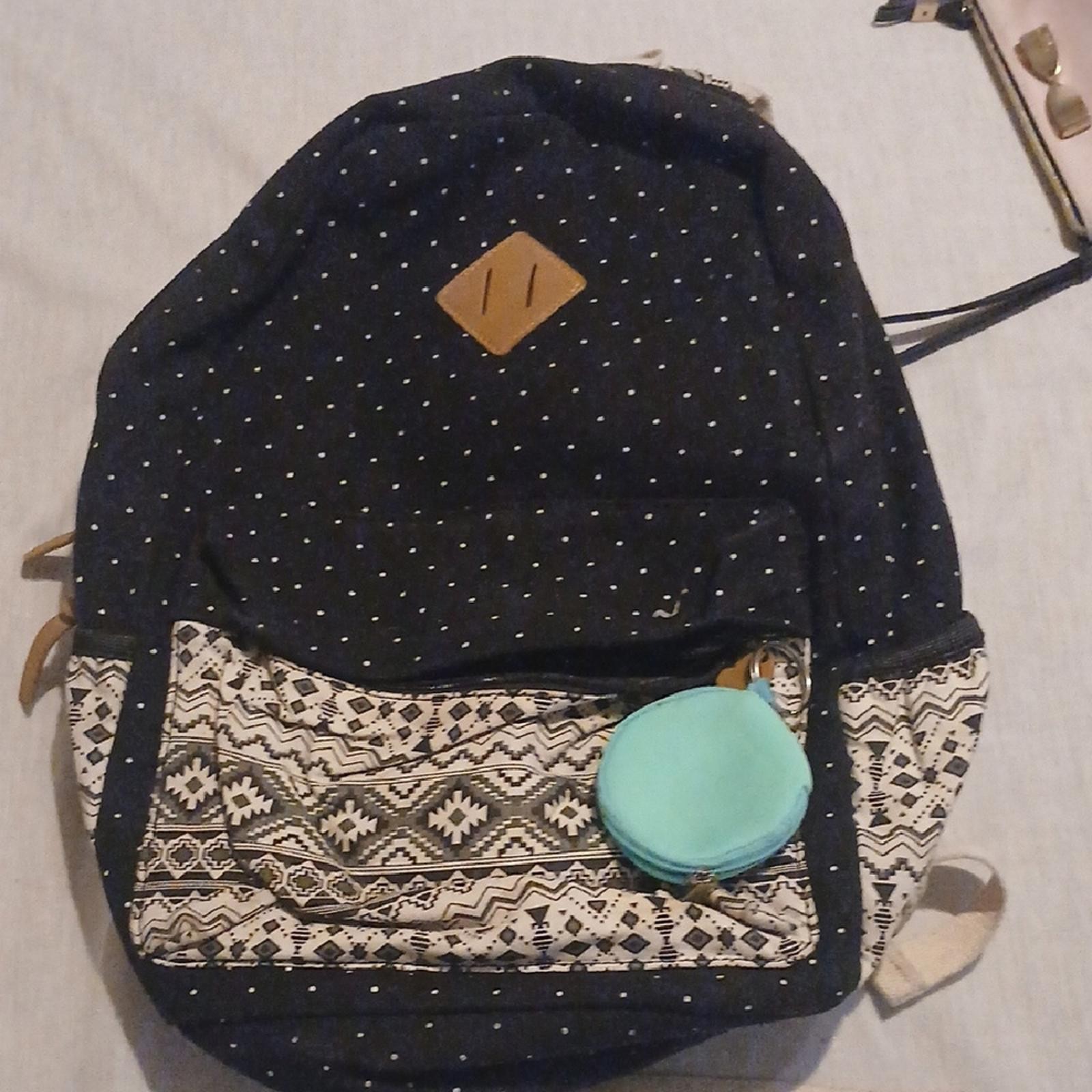 "Make Offer" Patterned Black Backpack with Teal P… - image 1