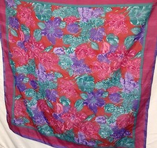 Vintage Silk Floral 30" Square Scarf Magenta, Purples, Green And So Pretty