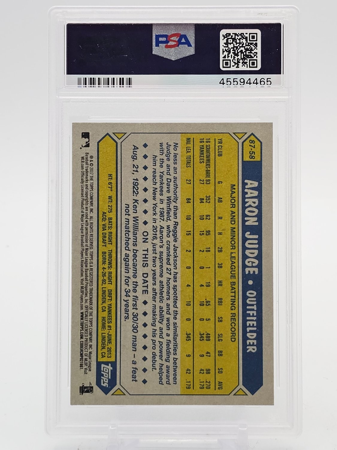AARON JUDGE 2017 TOPPS 1987 TOPPS BASEBALL ROOKIE RC #87-58 YANKEES PSA 8 Q0311 view 2