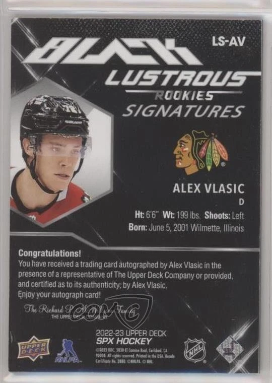 2022-23 SPx UD Black Lustrous Rookie Signatures Gold 25/25 Alex Vlasic Auto RC - Image 2 of 3