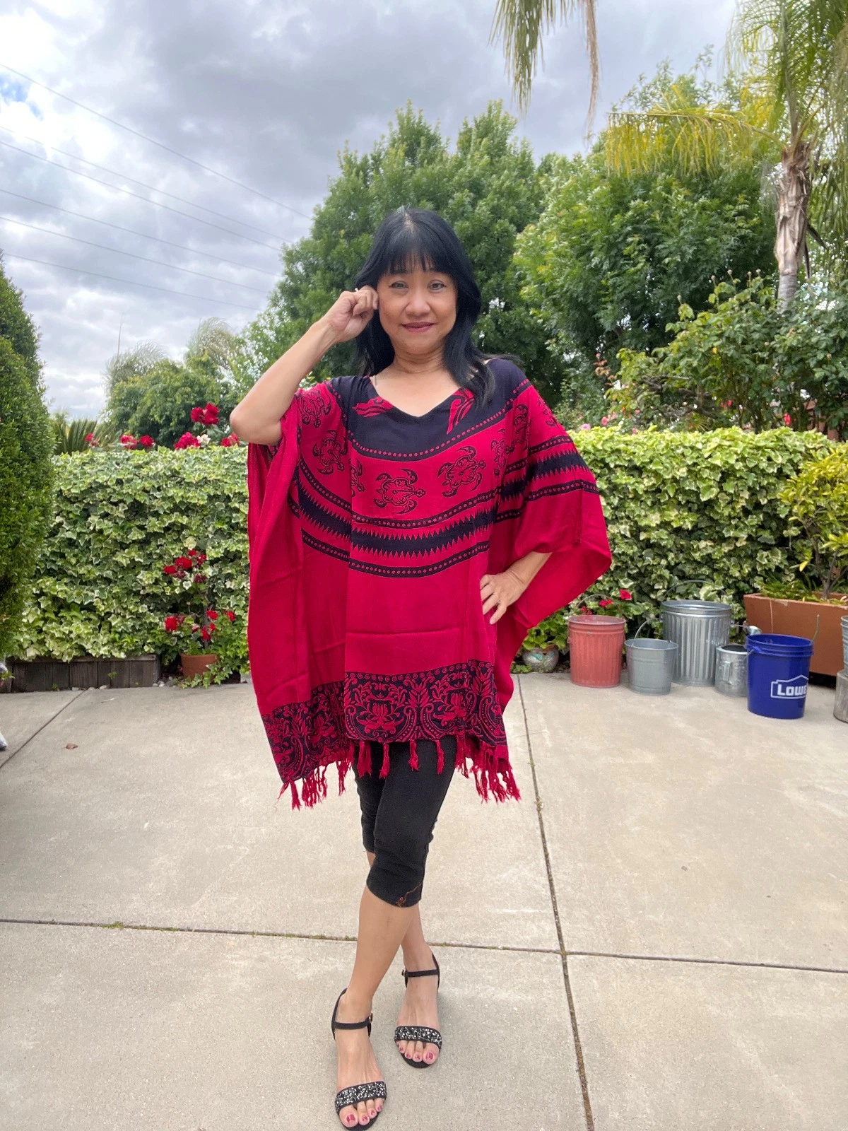 KB516 Red Turtle Tunic Batik Women Kaftan Poncho VNeck Women Blouse Top upto 5X