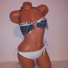 Victoria Secret Swim Bikini Small Top Bottom Black White Spotted Bandeau New