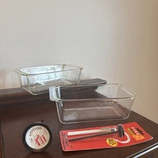 2 VNTG PYREX Clear #213 E29 #215-B 2qt Baking Loaf Dish W/ Handles, USA & Thermo