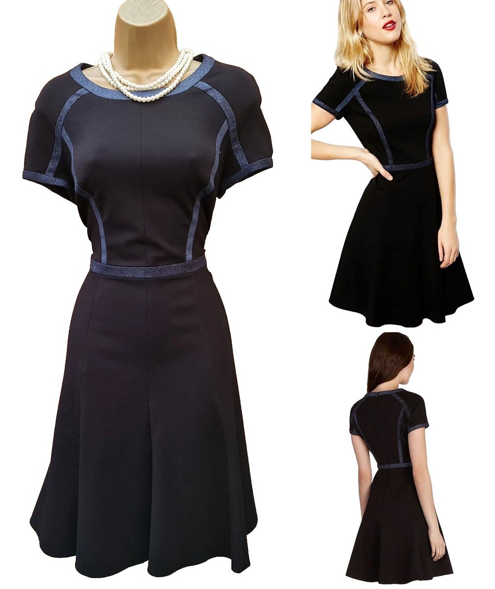 Karen Millen 14 UK Black Denim Contrast Fit Flare Dress Occasion Work
