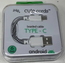 iHip Cute Cords Type C Braided Cable 6ft Black/White for Android Sync & Charge