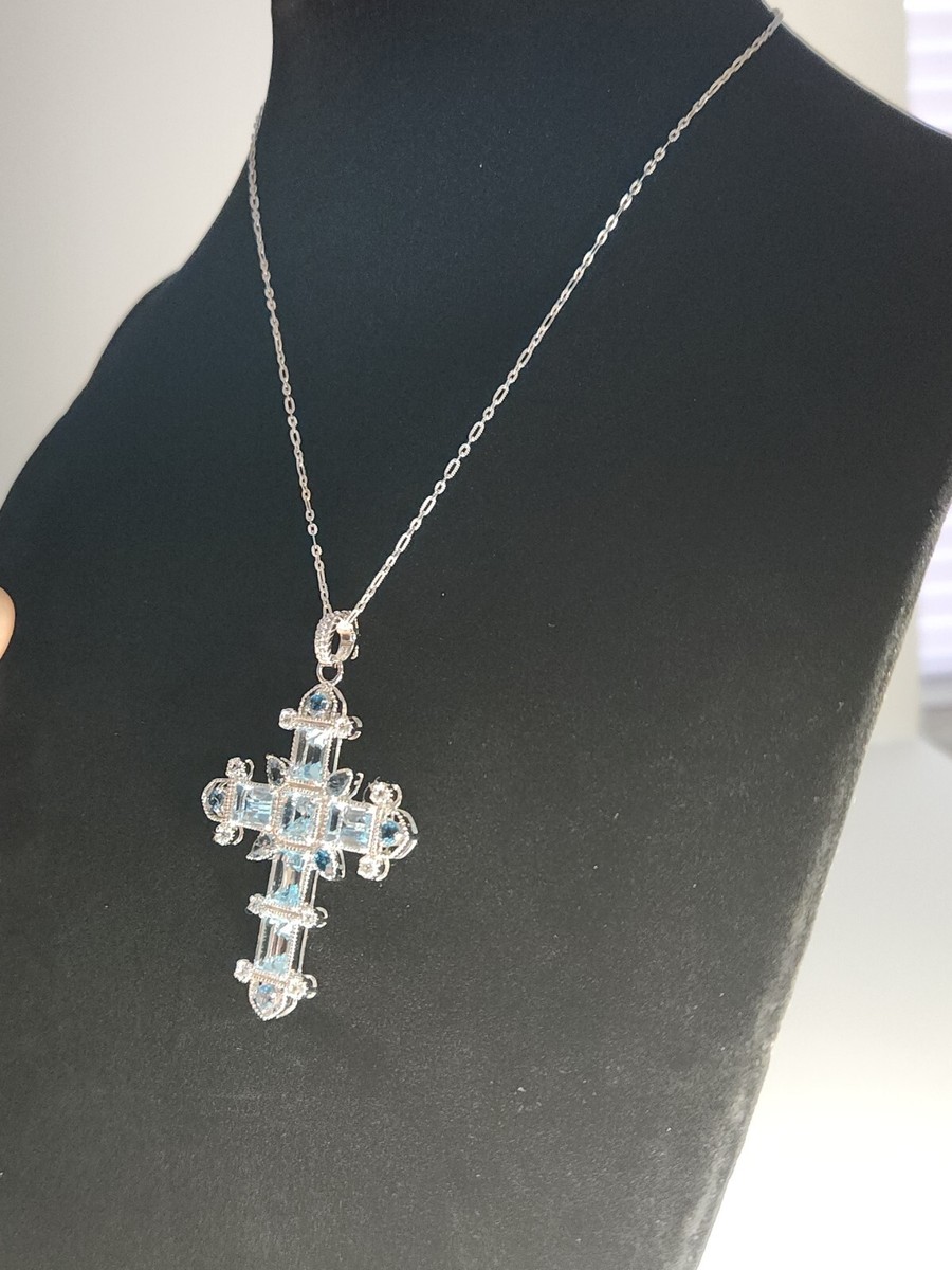 Sterling Silver Sima K Blue Sky Swiss White Topaz Cross Necklace View 3