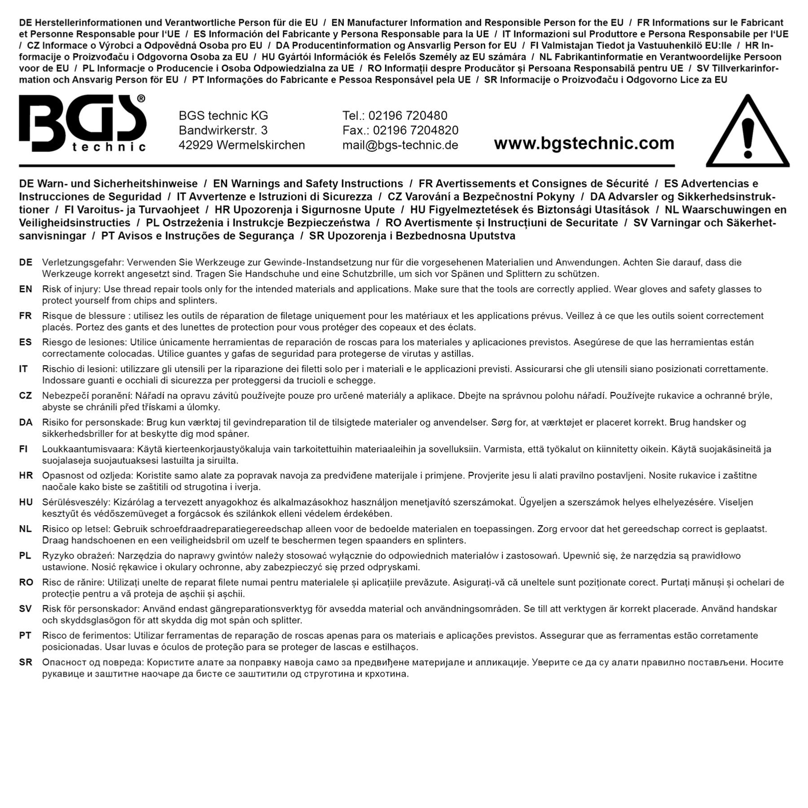Kit filets rapportés M9 x 125 BGS Technic type Helicoil, robustesse et précision