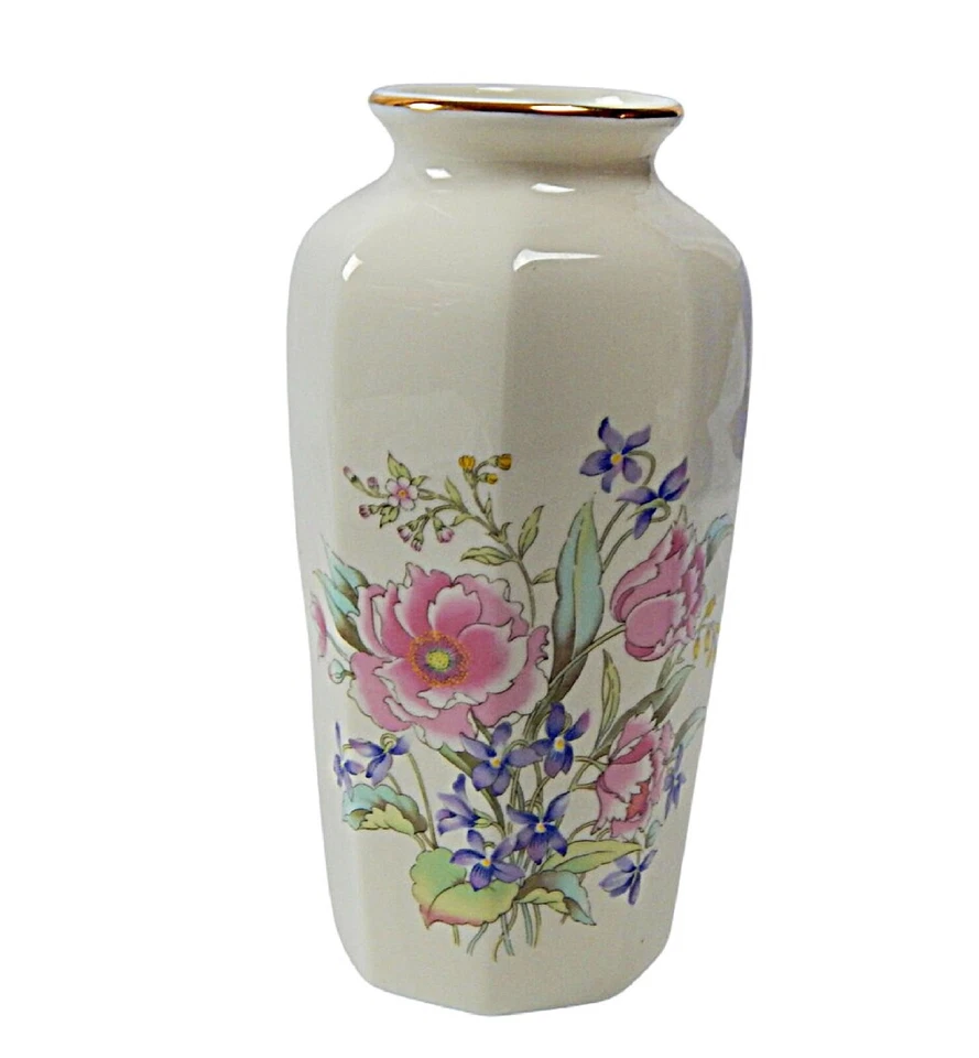 Japanische Keramik Vase Achteckform mit bemalten Blumen mit Goldrand 6 Zoll Vintage