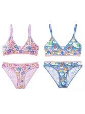 Care Bears Ribbed Graphic Bralette and Panty Set- Size SMALL, Pink or Blue Multi
