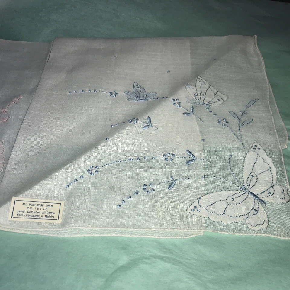 Ирландский льняной носовой платок бабочки дизайн бабочка винтажный Мадейра лот из 2 - Изображение 3 из 4