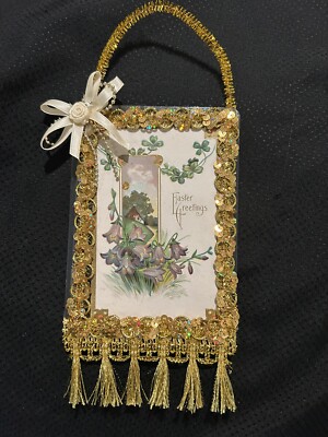 Antique 1910 Victorian Postcard Easter Ornament OOAK Gold Sequin Braid Tassels