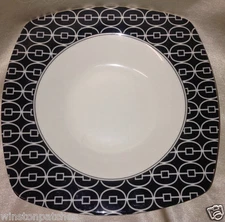 222 FIFTH EAST GATE BLACK SQUARE RIM SOUP BOWL 8 3/4" BLACK & WHITE GEOMETRIC