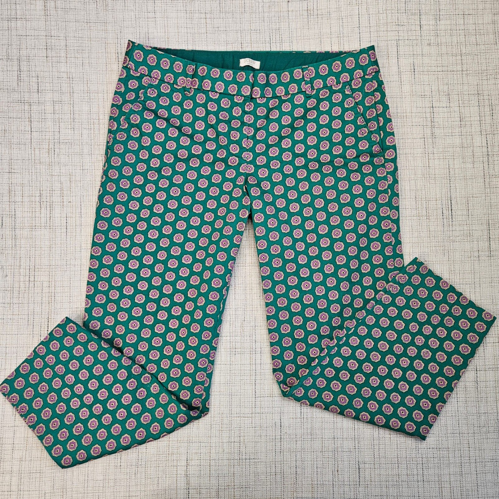 J Crew Floral Print Stretch Cropped Pants in Green Pink Size 6