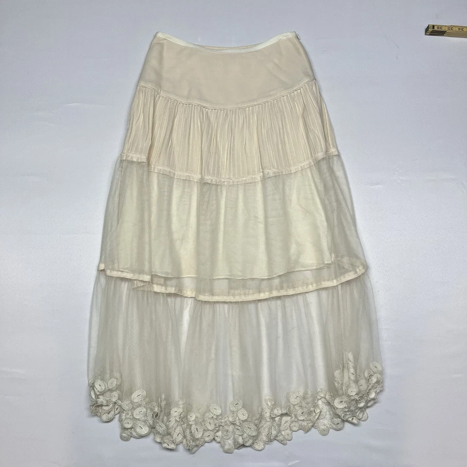 Maxi Falda Catherine Malandrino Para Mujer Boho Seda en Niveles Lana Blanco Encaje Talla 2 Foto 2 de 4