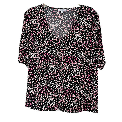 Ophelia Roe Blouse Black/Rose Petal Short Slv Poly V-Neck Plus Size 1X ~ NWT $32