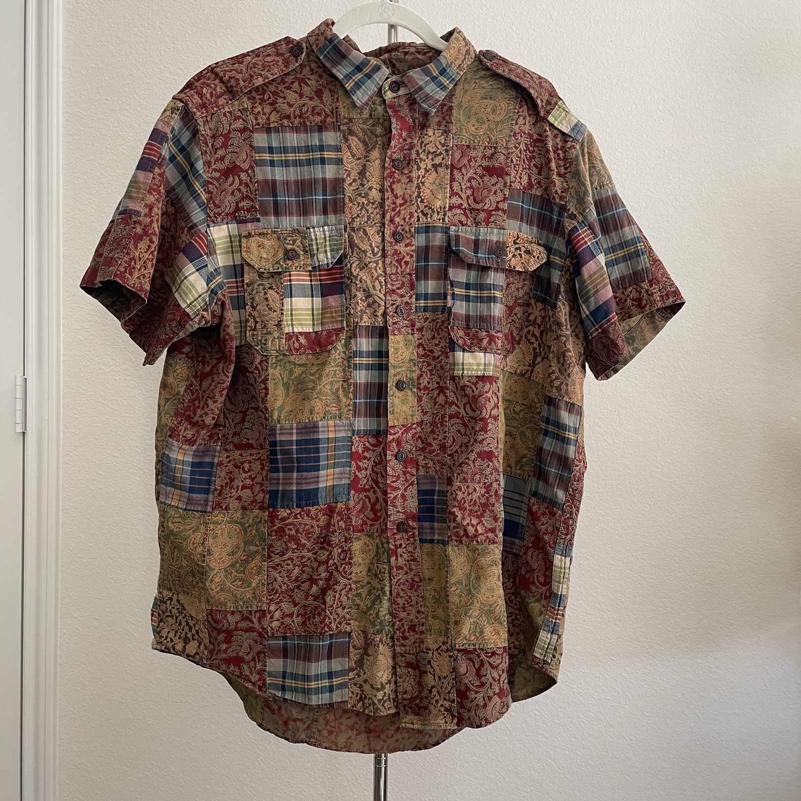 Vintage Polo Ralph Lauren Shirt Men XL Brown Patchwork Button Up Camp Plaid