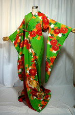 Japanese kimono SILK,"HIKIFURISODE",Gld leaf,Embroidely,Birds,Green,L5'10",.4865