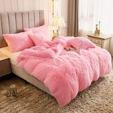NEW Luxury Fluffy Solid Duvet Cover Faux Fur, 2 Pillow Sham, Pink, Size: King