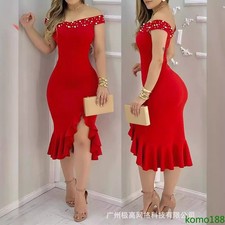 Summer Bead Ruffle Edge Dress Red Wrap Dress Sexy Mid Dress Women 5 Colors