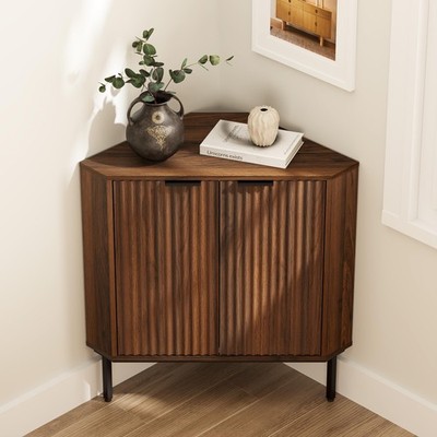 Fluted Corner Cabinet 2 Doors 2-Tier Shelves Bathroom Kitchen Living Room Brown