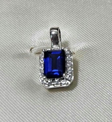 Stauer Blue Sapphire Style Pendant Silver Tone Halo Rectangular w/ Box No Chain