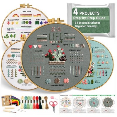 4 Pack Embroidery Kit 34 Stitch Practice w/ Guide Video Beginner DIY Craft 