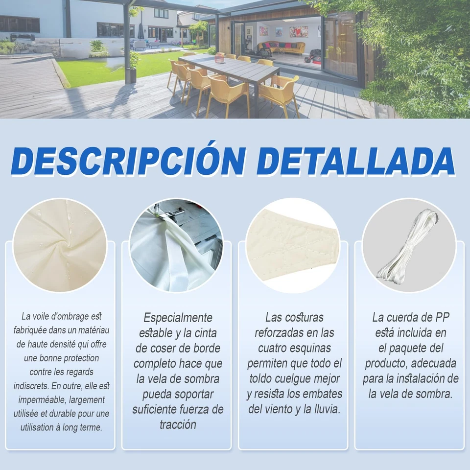 Sunnylaxx 3x3x3m Impermeable Toldo Vela de Sombra Triangular Caqui Claro Toldos - Imagen 4 de 4