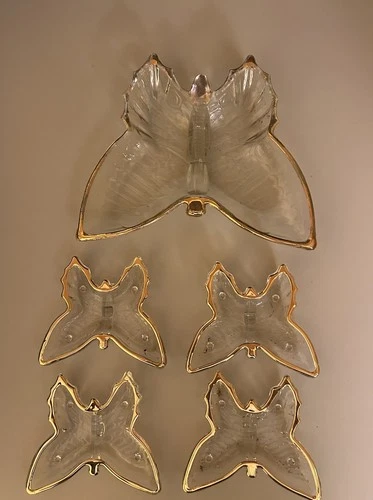 Vintage Jeanette Glass Butterfly Candy/Nut Dishes with 22K Gold Trim 5 Piece Set