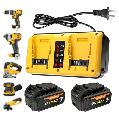 2 Pack 20V 10.0Ah Battery + Dual Charger Kit for De walt 20 Volt MAX Batteries