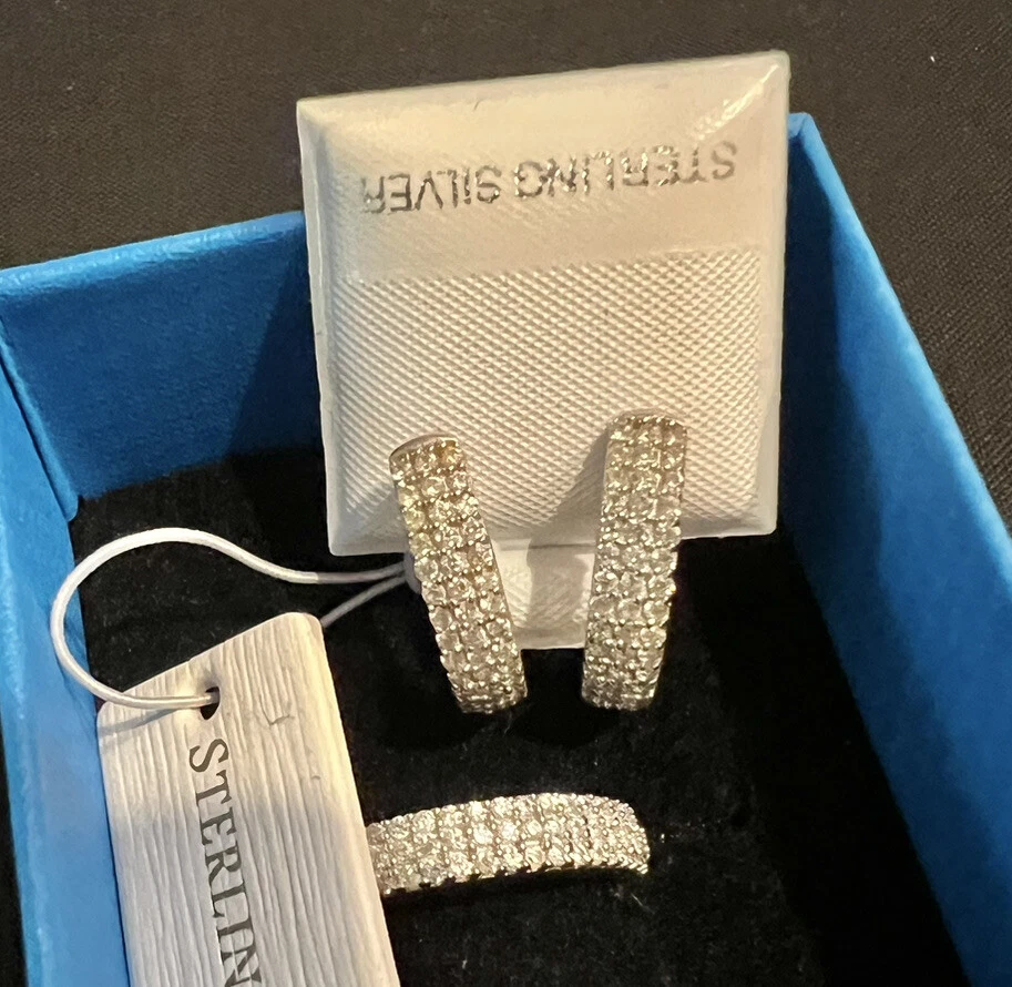 Brincos Pave 1/2 Eternity 925 banda SS anel folheado a ródio tamanho 10 e Pave Huggie - Imagem 3 de 4