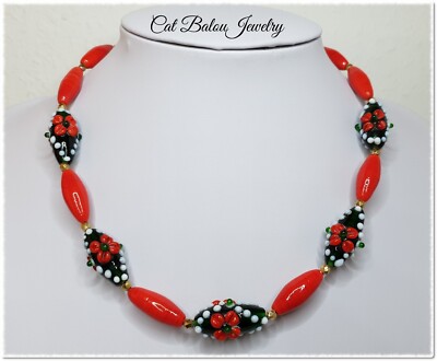 Feminin Folklore Boho Tango Salsa Ethno Kette Rot Blumen Vintage
