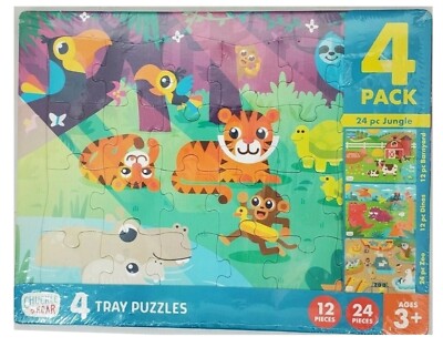 NEW Chuckle & Roar 4 Tray Puzzles 14 x11'' Age 3+ Jungle Barnyard Dinos Zoo $8Sh