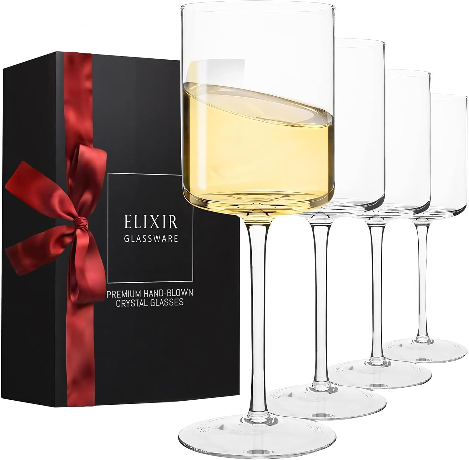 Square Wine Glasses Set of 4 - 14 Oz - Crystal Wine Glass Set in Gift Packaging