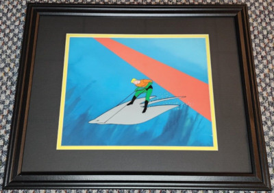 THE ADVENTURES OF AQUAMAN PRODUCTION ANIMATION CEL ON HAND PAINTED BACKGROUND
