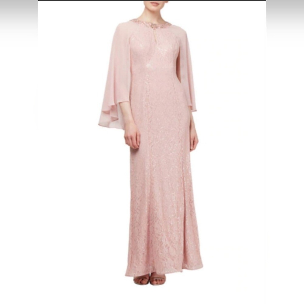 SLNY Womens Pink Sequined Rhinestone Lace Cape Gown Sleeveless Gown Size 18 New