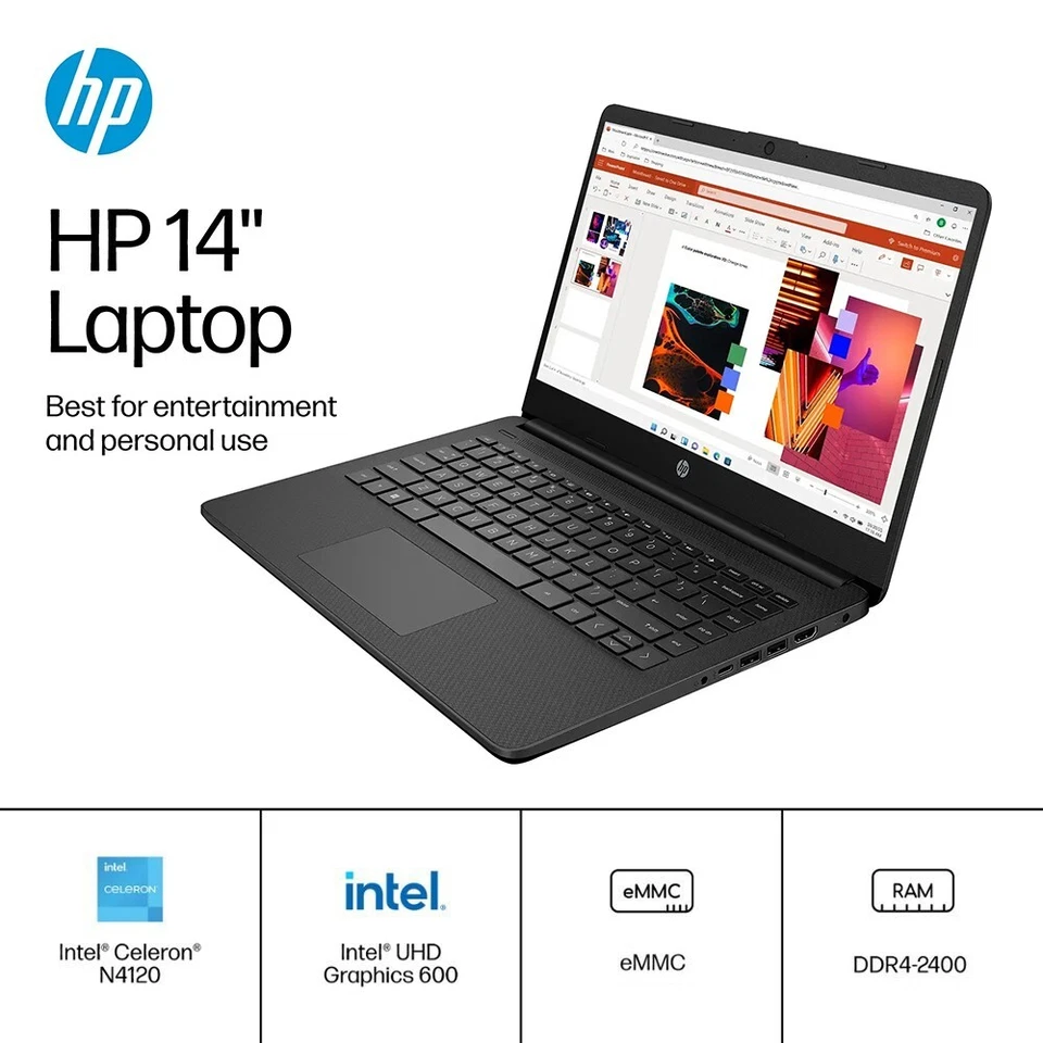 HP 14" Laptop HD Intel 4-Core Up to 16GB RAM&384GB Storage Win11Pro+OFFICE Black - Image 2 of 4