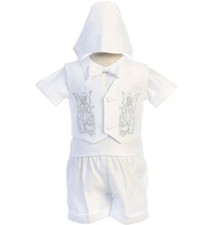 White Guardian Angel Boys Baptism Christening Outfit Shorts Set Hat Suit Vest