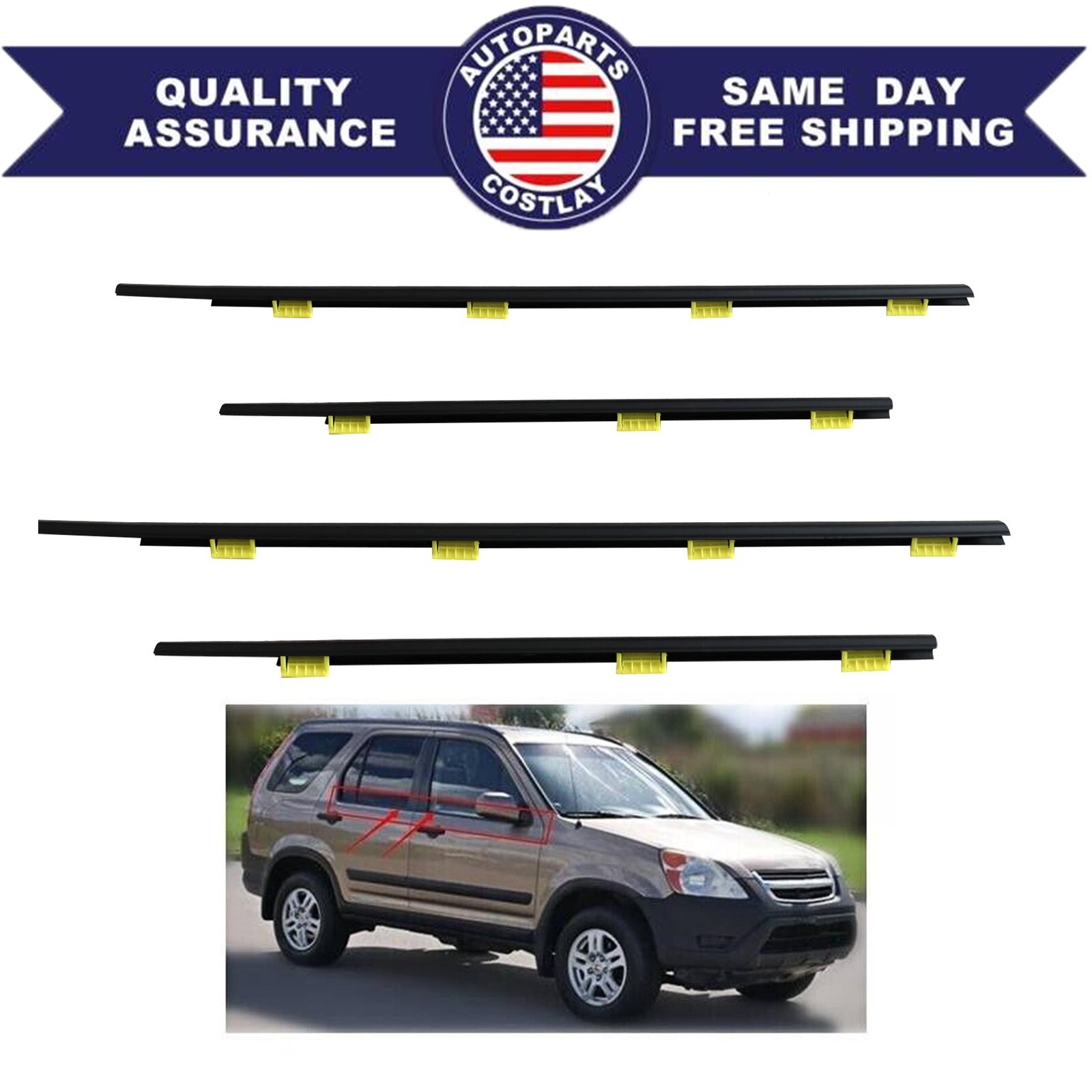 For CR-V 2002 2003-2006 Window Weatherstrip 4pcs Door Belt Moldings Black