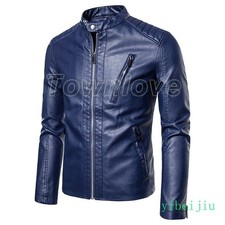 Korean Men's Casual Slim Fit Leather Jacket Full Zip Stand Collar Motorcycle Man