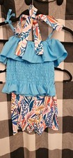 Girls' Blue Ruffle Smocked Top Tropical Print Shorts Set