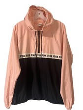 Pink Victoria Secrets Pink Black Hooded Windbreaker Sz.M/L Lightweight 1/4 Zip