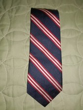Lands End Men's Tie 100% Silk Hand Made in USA Navy Blue w Red & White Stripes