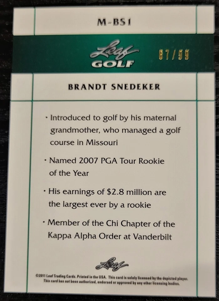 2011 LEAF GOLF Metal Limited Black Stripe Brandt Snedeker Rookie RC 67/99 M-BS1 - Image 4 of 4
